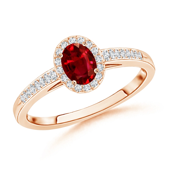 5x3mm AAAA Classic Oval Ruby Halo Ring with Diamond Accents in Rose Gold