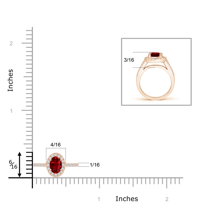 5x3mm AAAA Classic Oval Ruby Halo Ring with Diamond Accents in Rose Gold Ruler