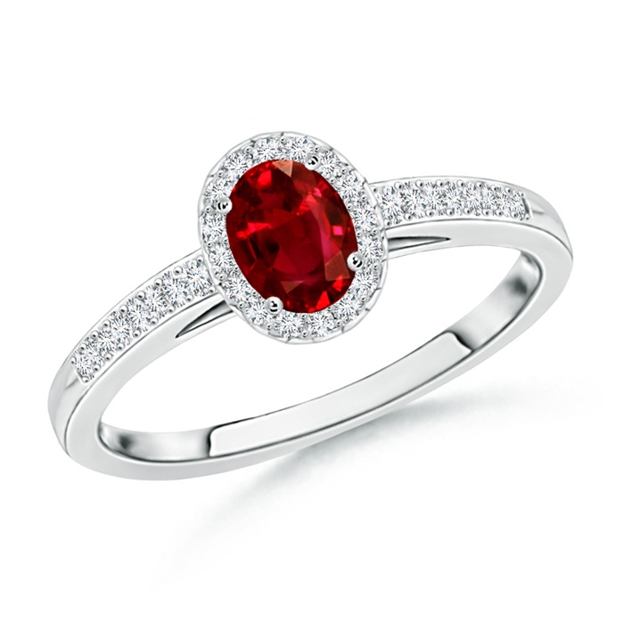 5x3mm AAAA Classic Oval Ruby Halo Ring with Diamond Accents in White Gold