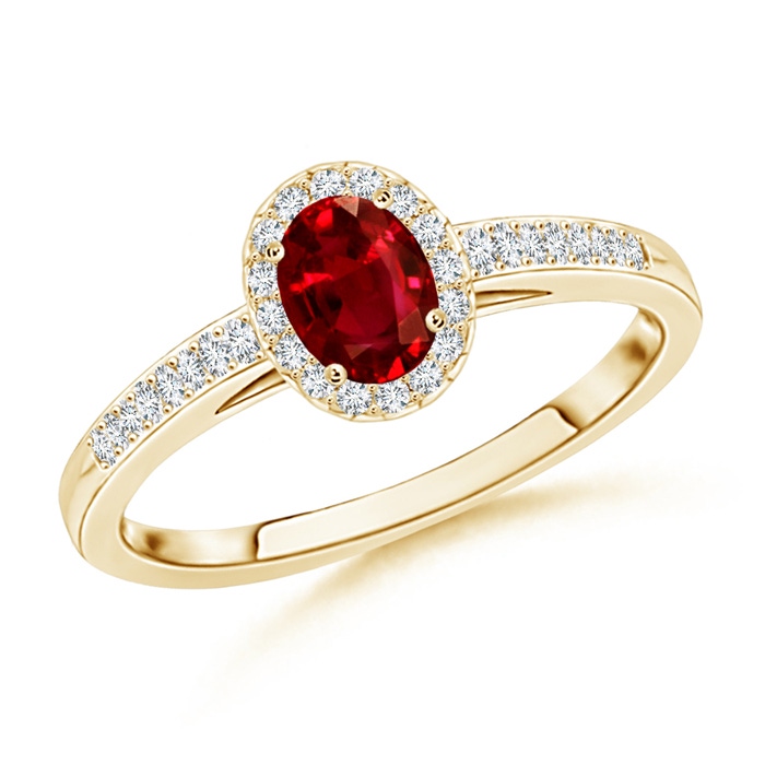 5x3mm AAAA Classic Oval Ruby Halo Ring with Diamond Accents in Yellow Gold