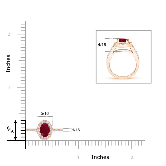 6x4mm A Classic Oval Ruby Halo Ring with Diamond Accents in Rose Gold ruler