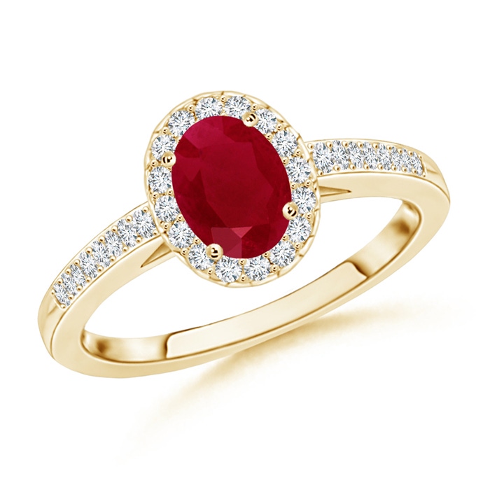 6x4mm AA Classic Oval Ruby Halo Ring with Diamond Accents in Yellow Gold 