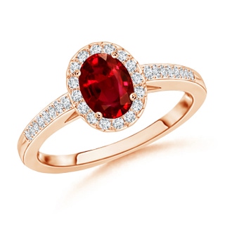 6x4mm AAAA Classic Oval Ruby Halo Ring with Diamond Accents in Rose Gold