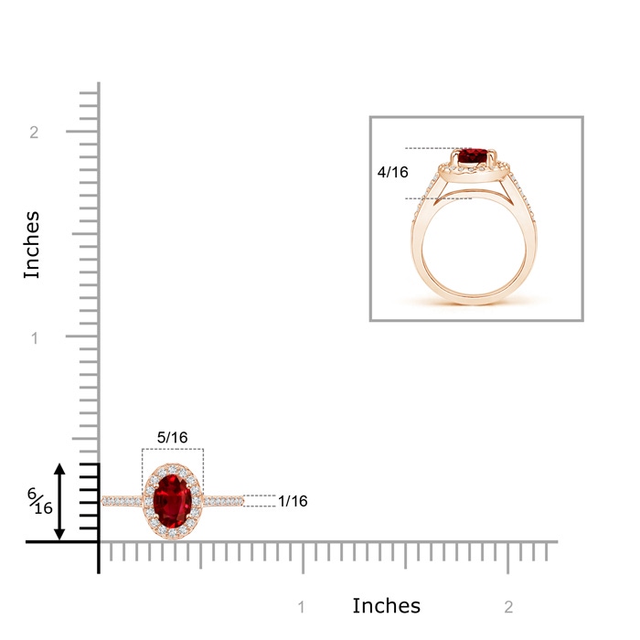 6x4mm AAAA Classic Oval Ruby Halo Ring with Diamond Accents in Rose Gold Ruler