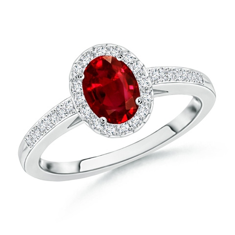 6x4mm AAAA Classic Oval Ruby Halo Ring with Diamond Accents in White Gold
