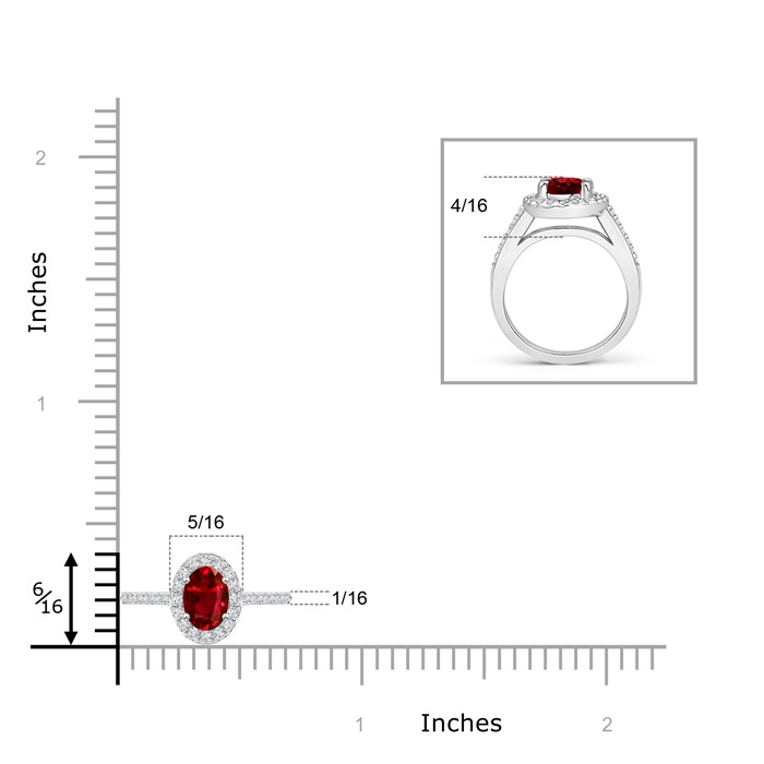 6x4mm AAAA Classic Oval Ruby Halo Ring with Diamond Accents in White Gold ruler