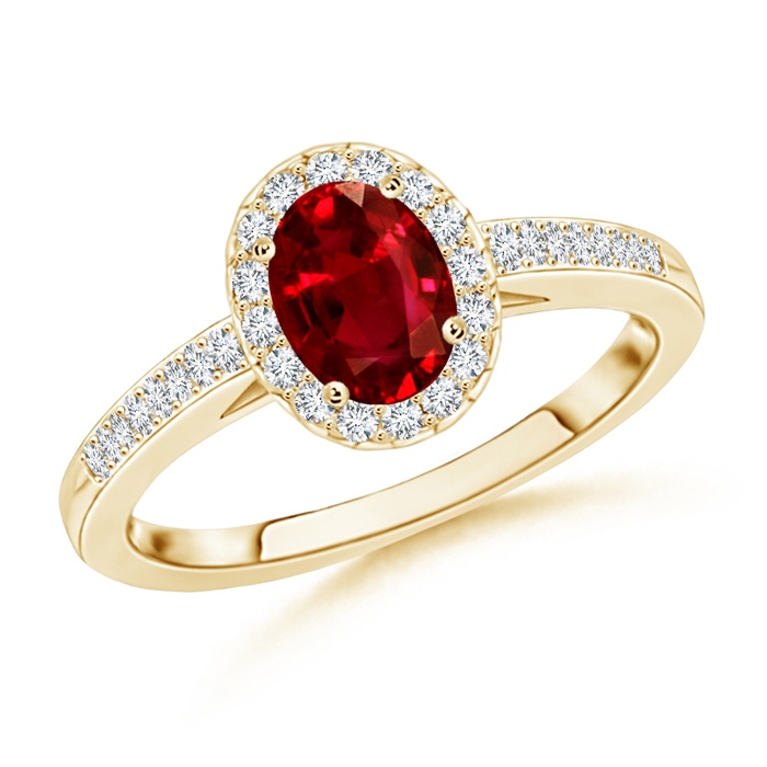 6x4mm AAAA Classic Oval Ruby Halo Ring with Diamond Accents in Yellow Gold