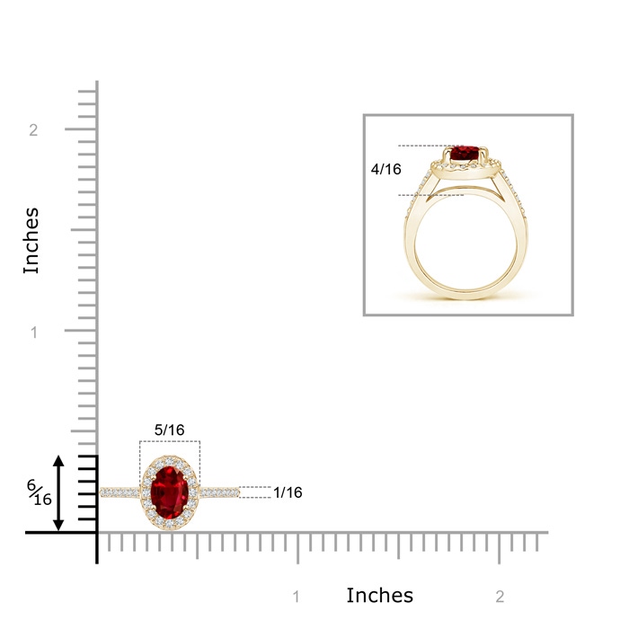 6x4mm AAAA Classic Oval Ruby Halo Ring with Diamond Accents in Yellow Gold ruler