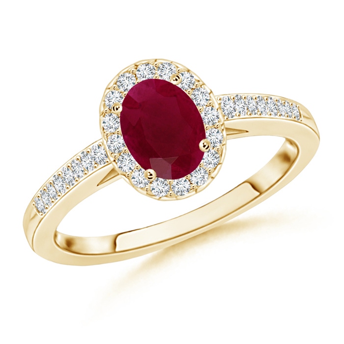 7x5mm A Classic Oval Ruby Halo Ring with Diamond Accents in Yellow Gold 