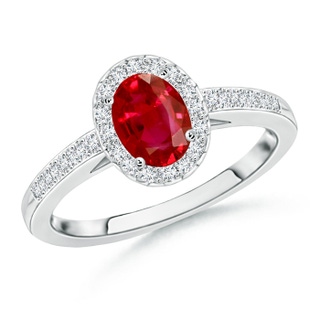 7x5mm AAA Classic Oval Ruby Halo Ring with Diamond Accents in P950 Platinum