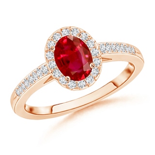 7x5mm AAA Classic Oval Ruby Halo Ring with Diamond Accents in Rose Gold