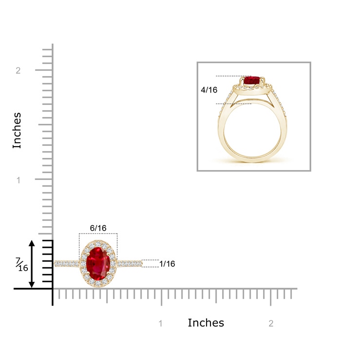 7x5mm AAA Classic Oval Ruby Halo Ring with Diamond Accents in Yellow Gold ruler