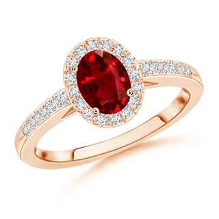 7x5mm AAAA Classic Oval Ruby Halo Ring with Diamond Accents in 10K Rose Gold