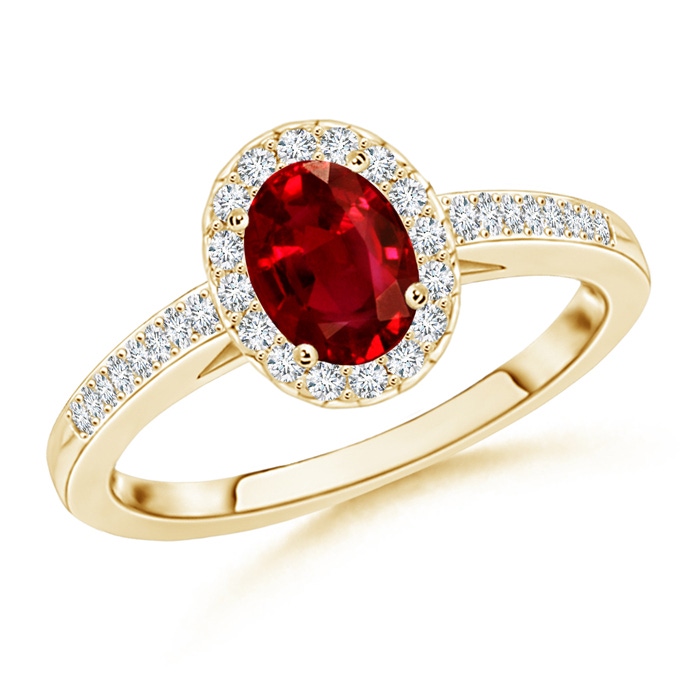 7x5mm AAAA Classic Oval Ruby Halo Ring with Diamond Accents in Yellow Gold 