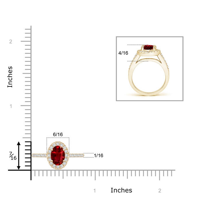 7x5mm AAAA Classic Oval Ruby Halo Ring with Diamond Accents in Yellow Gold ruler