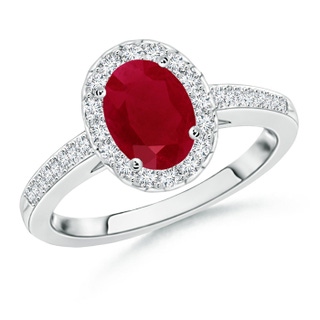 8x6mm AA Classic Oval Ruby Halo Ring with Diamond Accents in White Gold