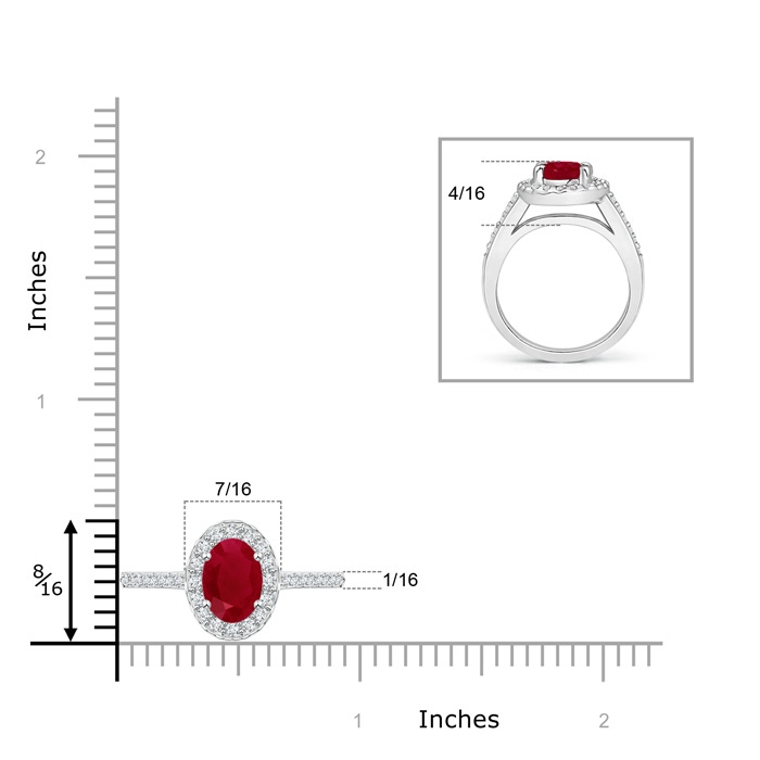 8x6mm AA Classic Oval Ruby Halo Ring with Diamond Accents in White Gold Ruler