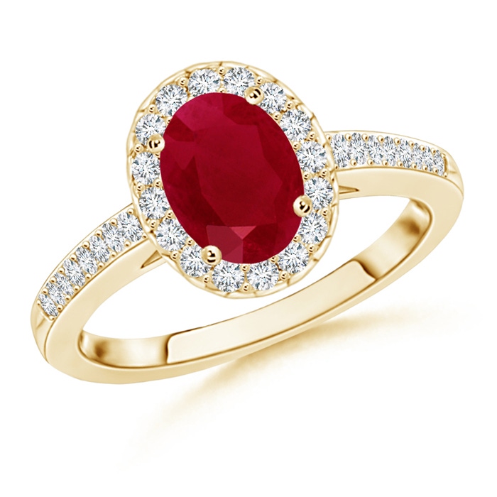 8x6mm AA Classic Oval Ruby Halo Ring with Diamond Accents in Yellow Gold 