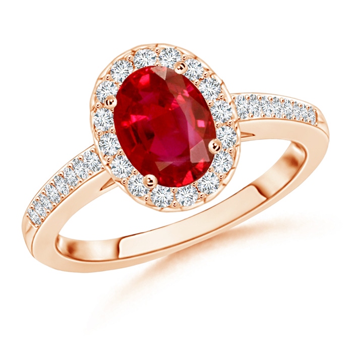 8x6mm AAA Classic Oval Ruby Halo Ring with Diamond Accents in Rose Gold 
