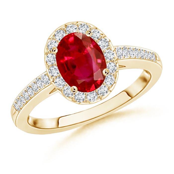 8x6mm AAA Classic Oval Ruby Halo Ring with Diamond Accents in Yellow Gold 