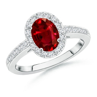 8x6mm AAAA Classic Oval Ruby Halo Ring with Diamond Accents in P950 Platinum