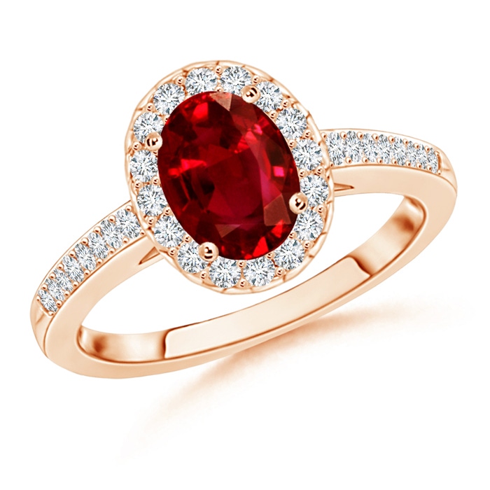 8x6mm AAAA Classic Oval Ruby Halo Ring with Diamond Accents in Rose Gold 