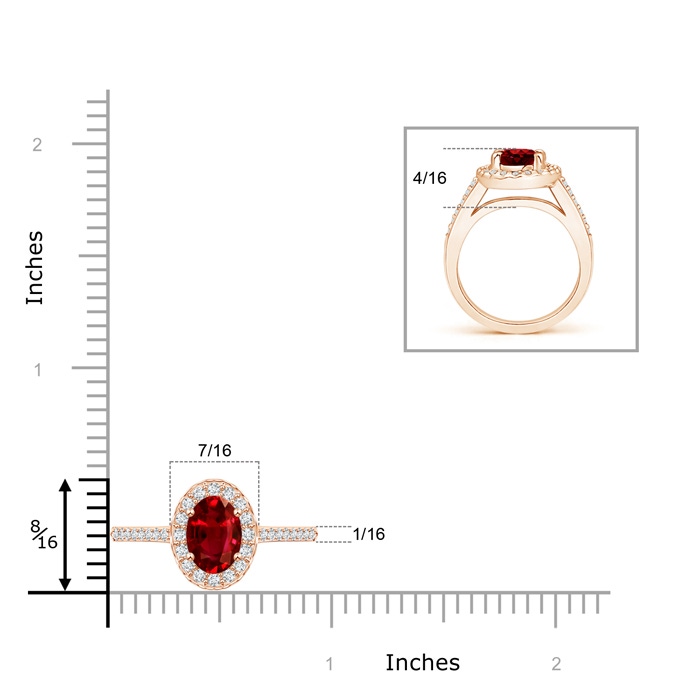 8x6mm AAAA Classic Oval Ruby Halo Ring with Diamond Accents in Rose Gold ruler