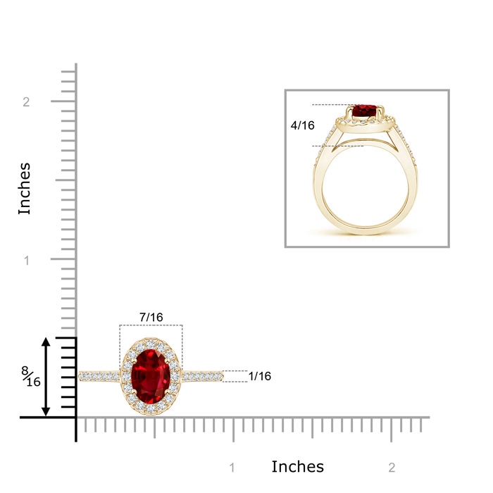 8x6mm AAAA Classic Oval Ruby Halo Ring with Diamond Accents in Yellow Gold ruler