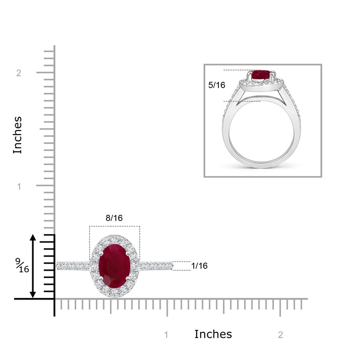 9x7mm A Classic Oval Ruby Halo Ring with Diamond Accents in White Gold ruler