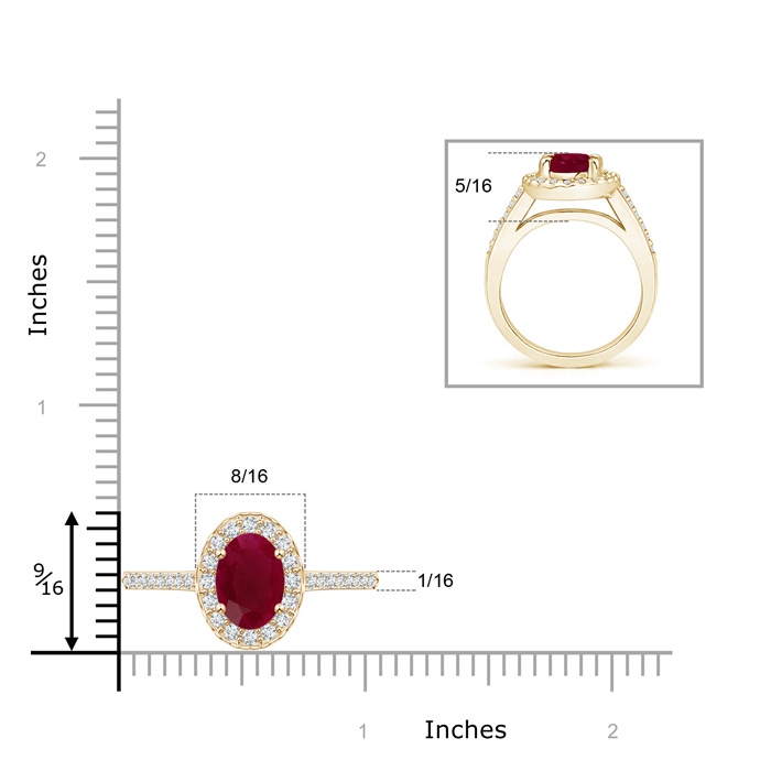 9x7mm A Classic Oval Ruby Halo Ring with Diamond Accents in Yellow Gold ruler