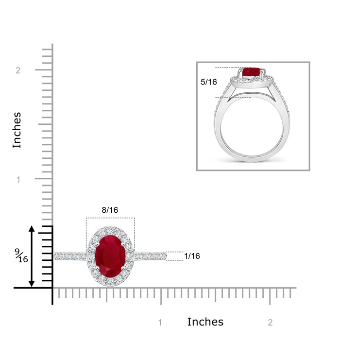9x7mm AA Classic Oval Ruby Halo Ring with Diamond Accents in P950 Platinum ruler