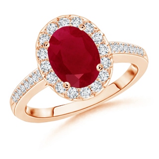 9x7mm AA Classic Oval Ruby Halo Ring with Diamond Accents in Rose Gold