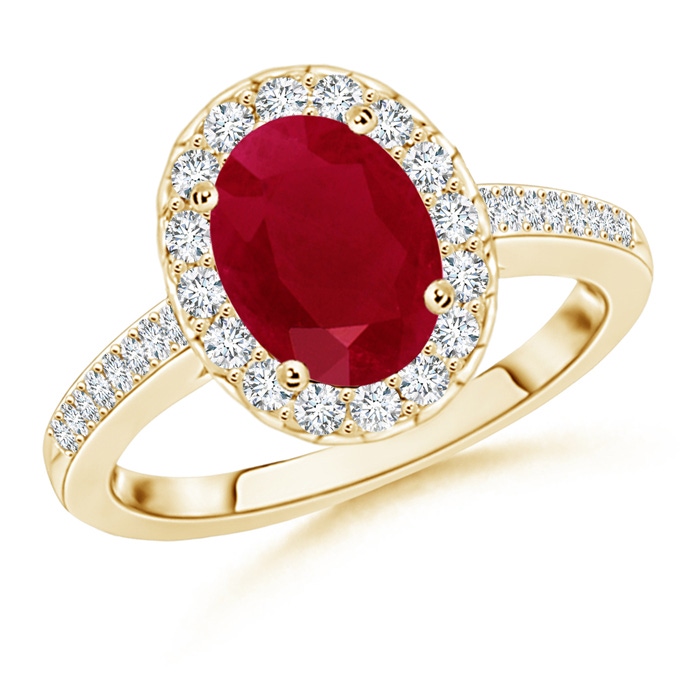 9x7mm AA Classic Oval Ruby Halo Ring with Diamond Accents in Yellow Gold 