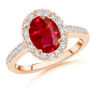 9x7mm AAA Classic Oval Ruby Halo Ring with Diamond Accents in 10K Rose Gold