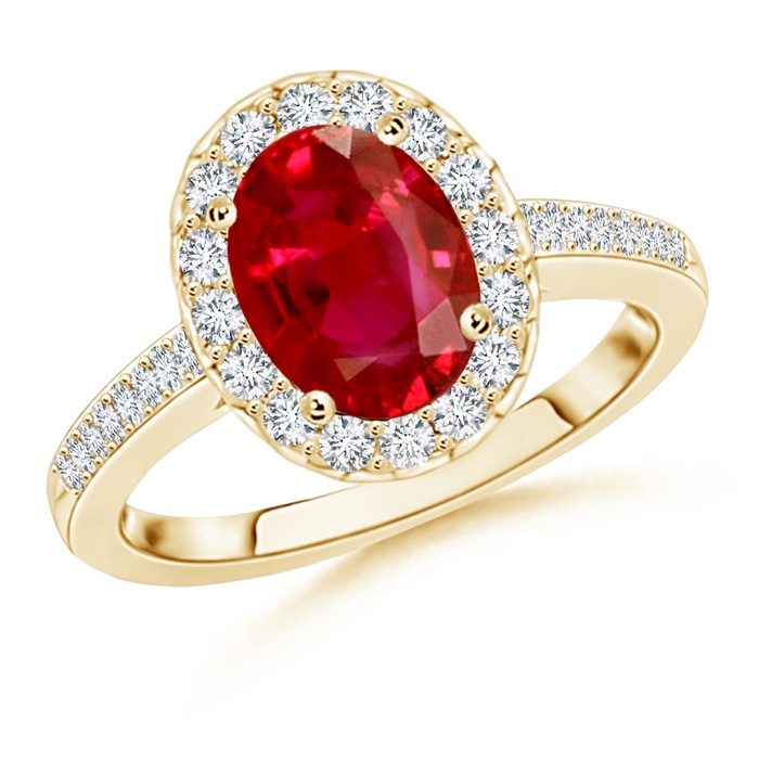 9x7mm AAA Classic Oval Ruby Halo Ring with Diamond Accents in Yellow Gold 