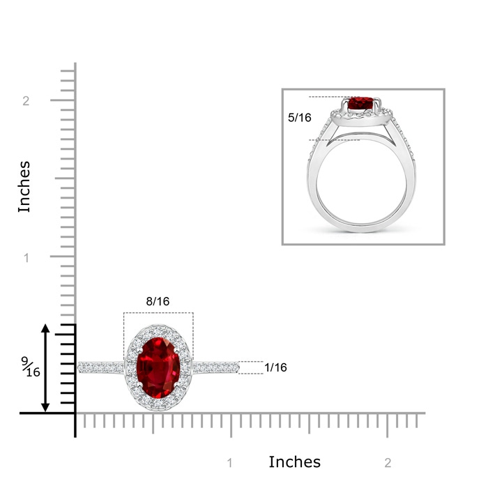 9x7mm AAAA Classic Oval Ruby Halo Ring with Diamond Accents in P950 Platinum ruler