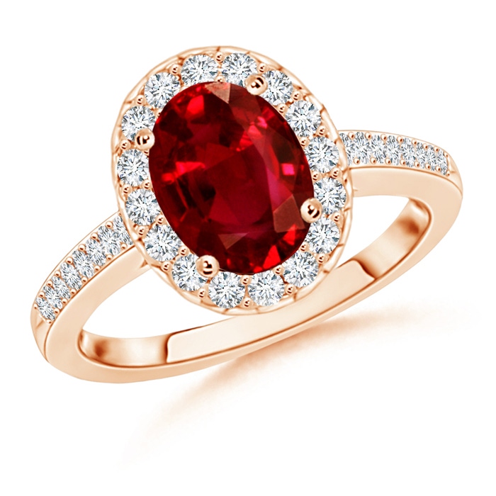 9x7mm AAAA Classic Oval Ruby Halo Ring with Diamond Accents in Rose Gold 