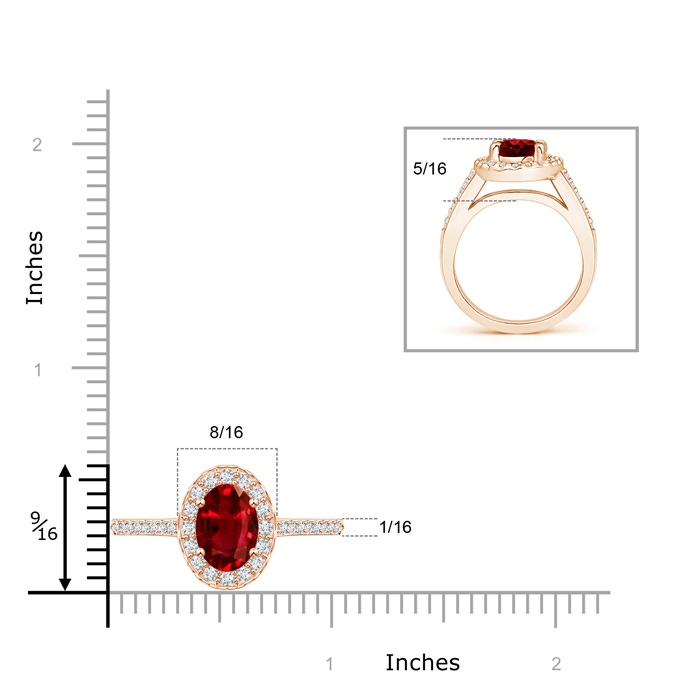 9x7mm AAAA Classic Oval Ruby Halo Ring with Diamond Accents in Rose Gold ruler