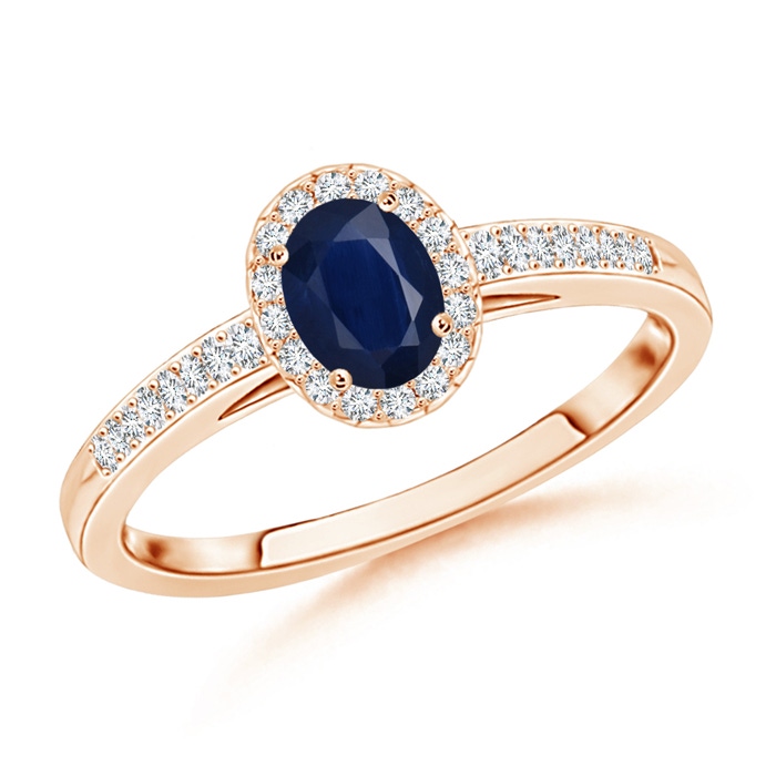 5x3mm A Classic Oval Blue Sapphire Halo Ring with Diamond Accents in 9K Rose Gold 