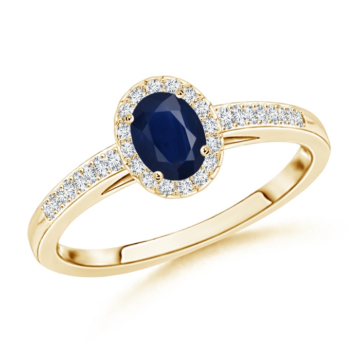 5x3mm A Classic Oval Blue Sapphire Halo Ring with Diamond Accents in Yellow Gold 