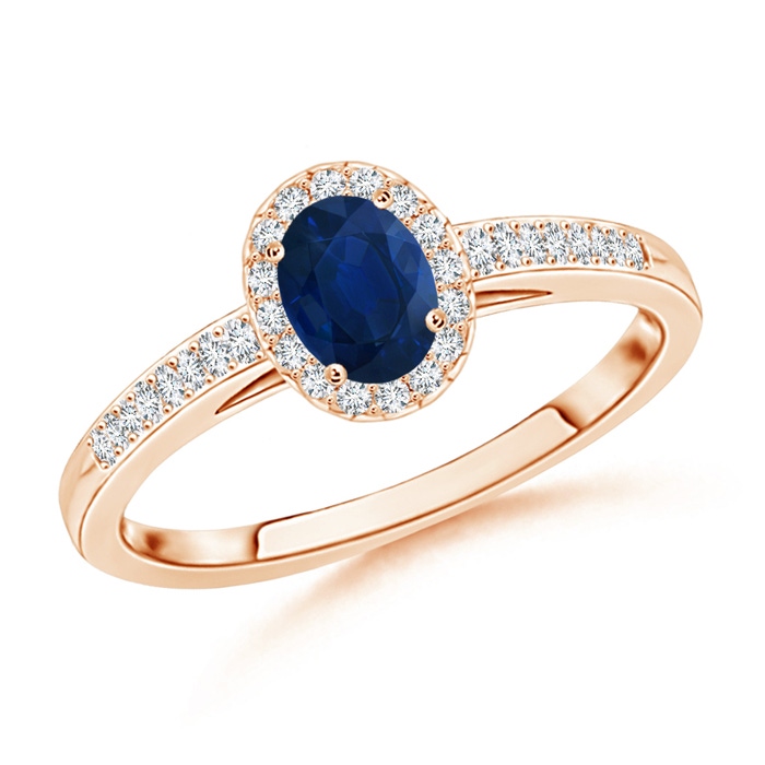 5x3mm AA Classic Oval Blue Sapphire Halo Ring with Diamond Accents in 9K Rose Gold 