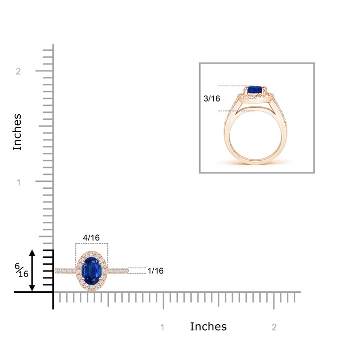 5x3mm AAA Classic Oval Blue Sapphire Halo Ring with Diamond Accents in 9K Rose Gold body-hand