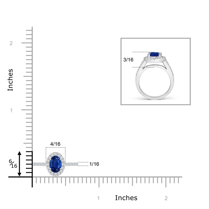 5x3mm AAA Classic Oval Blue Sapphire Halo Ring with Diamond Accents in White Gold Ruler