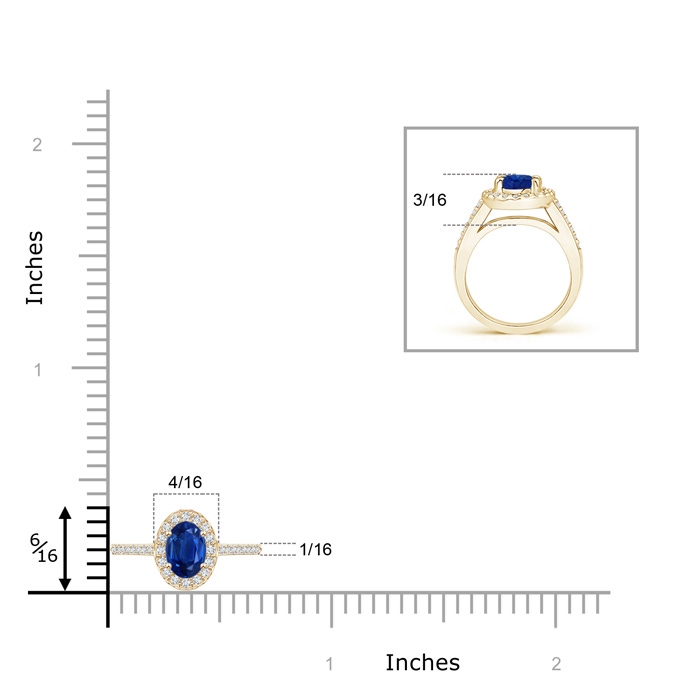 5x3mm AAA Classic Oval Blue Sapphire Halo Ring with Diamond Accents in Yellow Gold Ruler