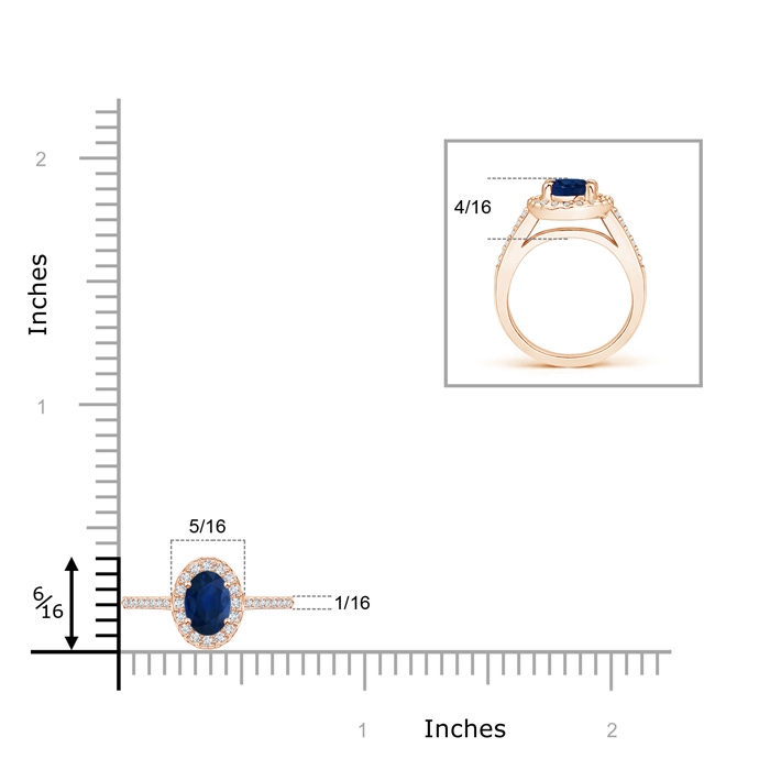 6x4mm AA Classic Oval Blue Sapphire Halo Ring with Diamond Accents in Rose Gold ruler