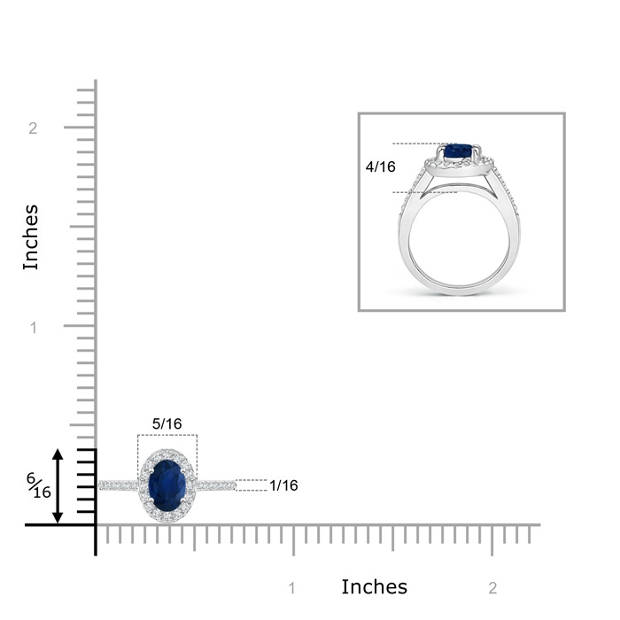 6x4mm AA Classic Oval Blue Sapphire Halo Ring with Diamond Accents in White Gold ruler
