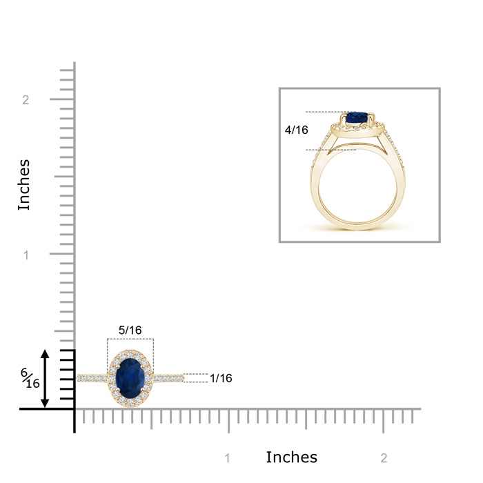 6x4mm AA Classic Oval Blue Sapphire Halo Ring with Diamond Accents in Yellow Gold ruler