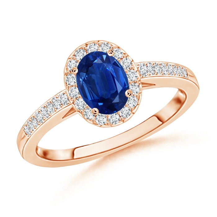 6x4mm AAA Classic Oval Blue Sapphire Halo Ring with Diamond Accents in Rose Gold 