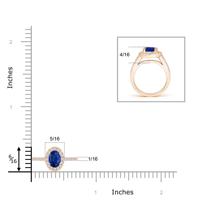 6x4mm AAA Classic Oval Blue Sapphire Halo Ring with Diamond Accents in Rose Gold ruler