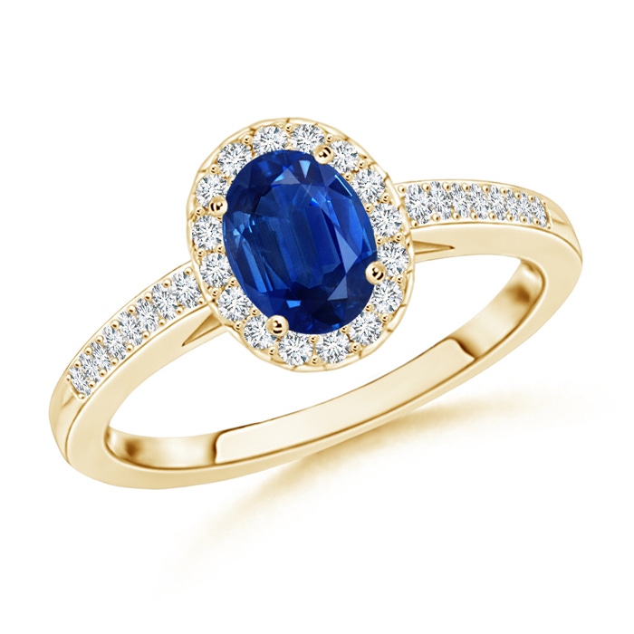 6x4mm AAA Classic Oval Blue Sapphire Halo Ring with Diamond Accents in Yellow Gold 